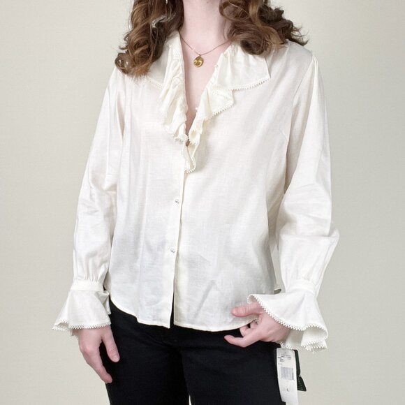 Vintage 100% Linen Ruffle Lace Cottagecore Whimsigoth Victorian Shirt Blouse Top - Picture 9 of 9